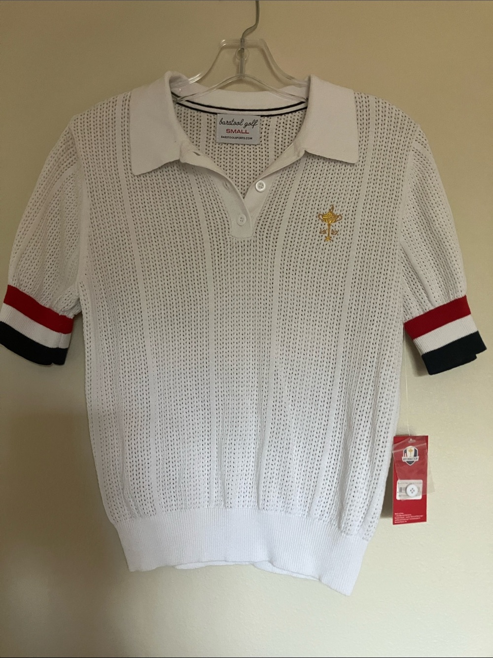 Women’s Barstool White Open-Knit Polo Sweater with Stripe Cuffs